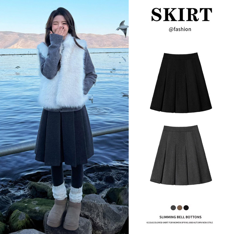 深灰色毛呢百褶裙女春秋冬2025新款高腰a字半身裙小个子显瘦中裙,女装/女士精品,半身裙,淘宝优惠券,粉丝福利购,淘宝优惠卷