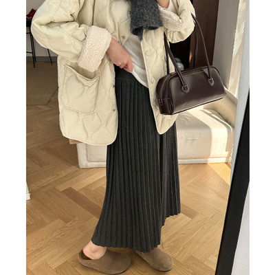 深灰色针织百褶裙高腰显瘦