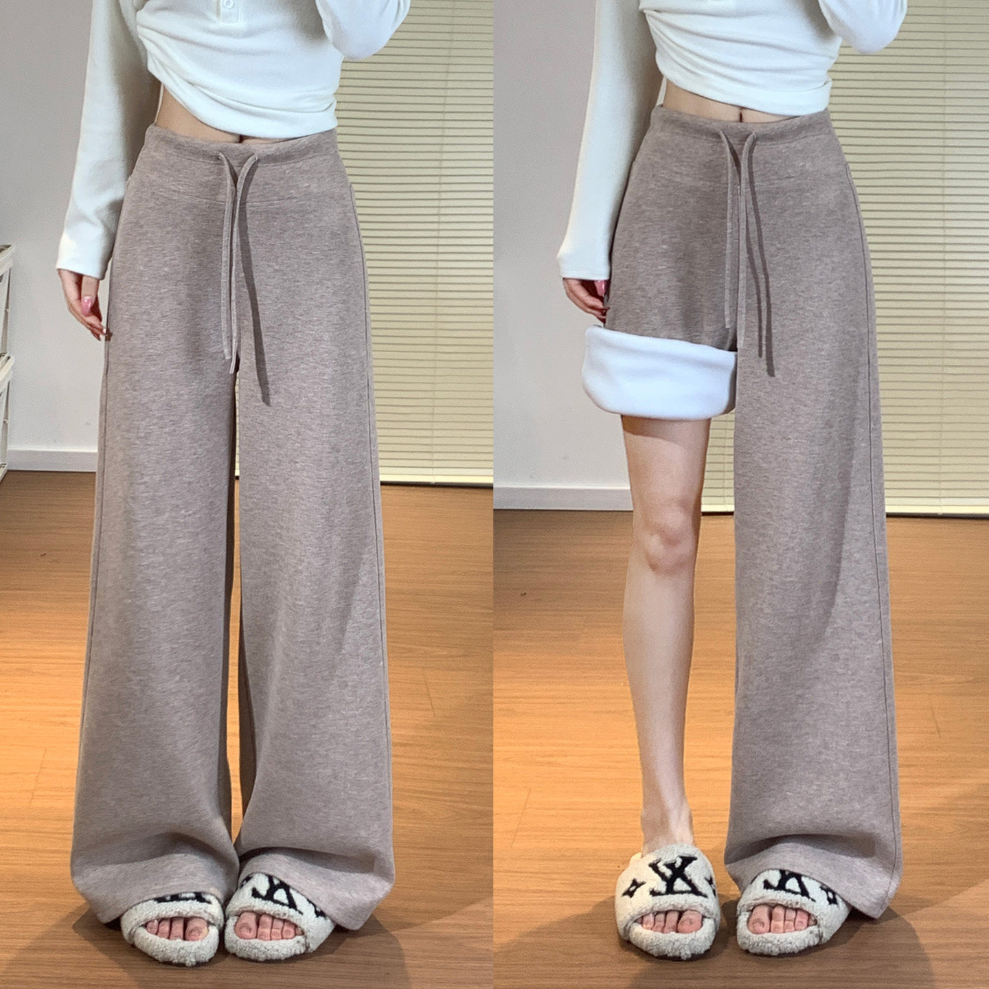 燕麦色仿羊毛运动裤女春秋冬高腰垂感显瘦直筒慵懒休闲阔腿卫裤子