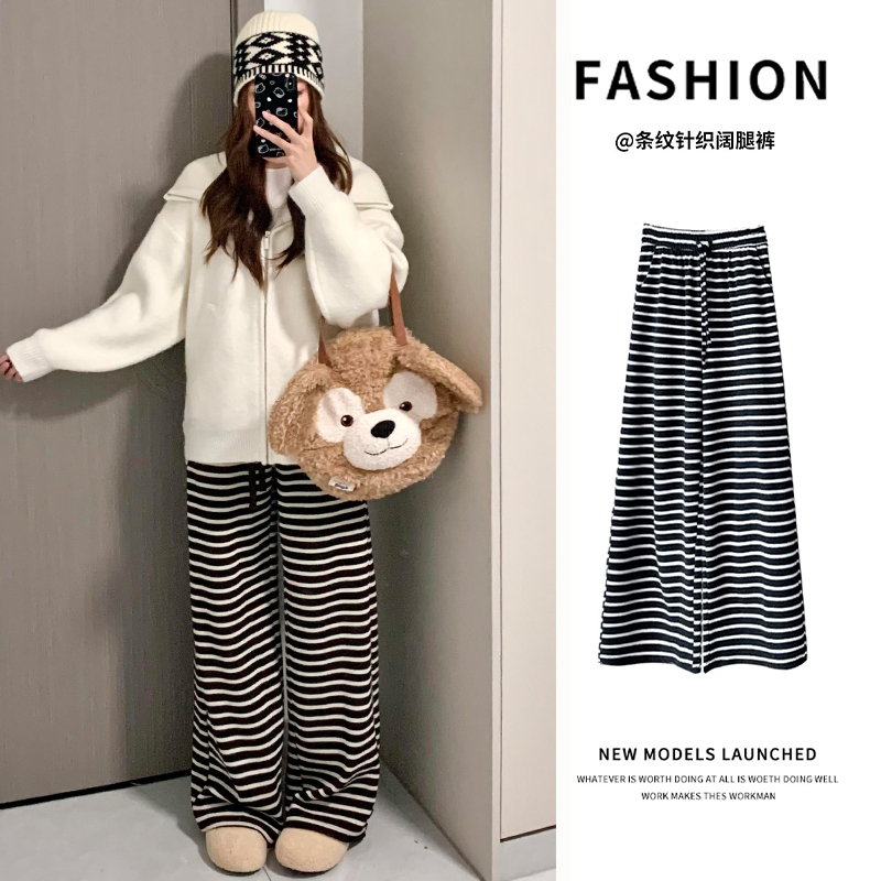 黑色美式条纹阔腿裤女秋冬