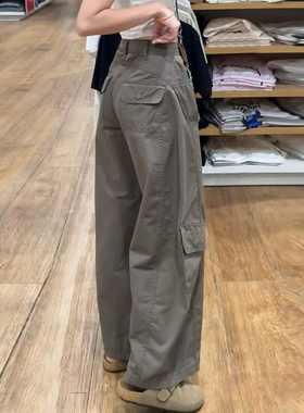 军绿色美式弯刀裤子女春秋季2025新款高腰显瘦宽松复古阔腿工装裤