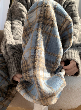 毛呢加绒格子裤女秋冬高腰经典复古篮色休闲直筒裤显瘦窄版阔腿裤