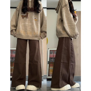 咖色翻边格纹阔腿裤女春秋季高腰垂感秋冬休闲垂感高级感直筒裤子