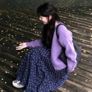 藏青色碎花半身裙女春秋2025年新款 a字伞裙 中长款 蛋糕裙高腰夏季