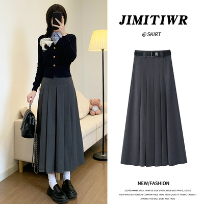 西装百褶裙女a字伞裙毛呢半身裙