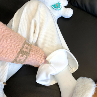 小个子高腰加绒宽松休闲直筒裤 2025新款 女秋冬季 米白色针织阔腿裤