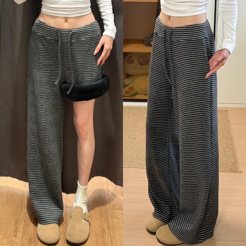 中灰色条纹阔腿裤女秋冬季