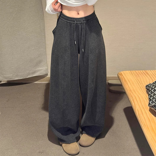 深灰色中线糯米绒弯刀裤女秋冬季2025新款高腰显瘦加绒阔腿香蕉裤
