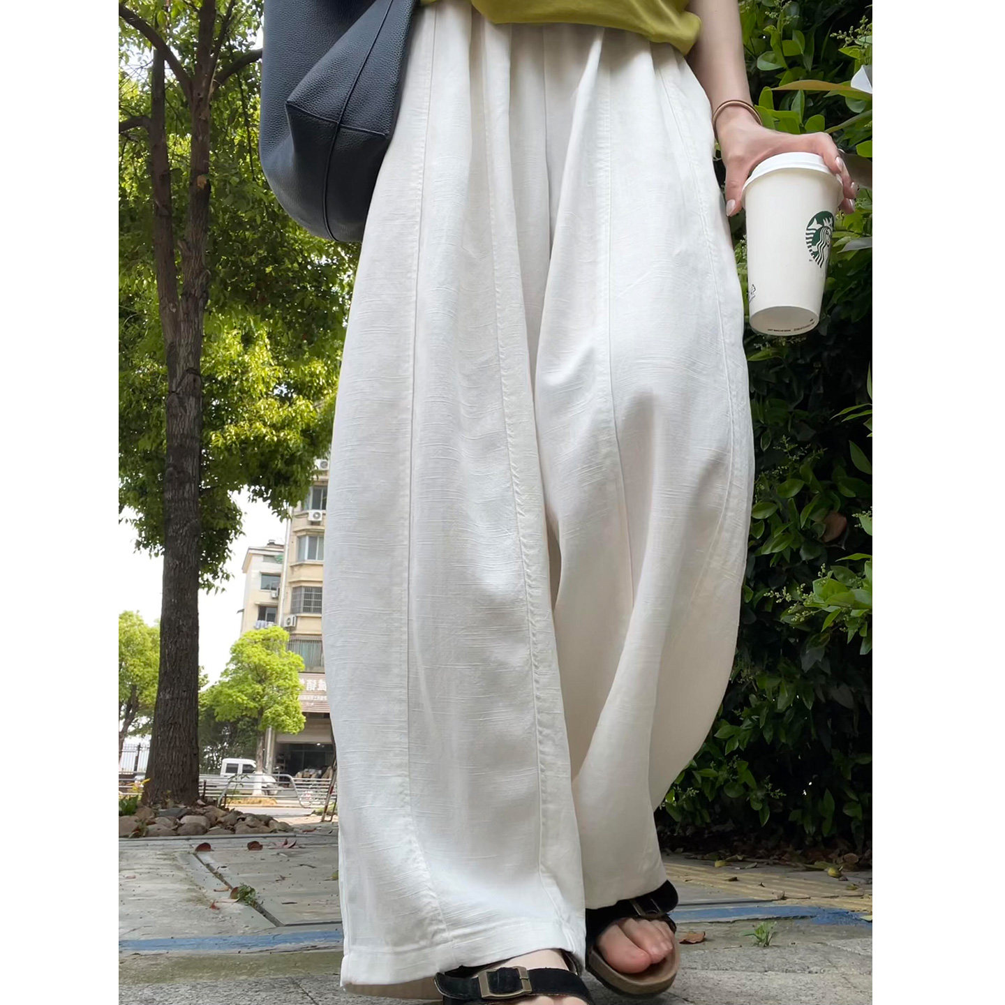白色弯刀阔腿裤女夏季薄款宽松慵懒休闲裤高腰显瘦休闲棉麻气球裤