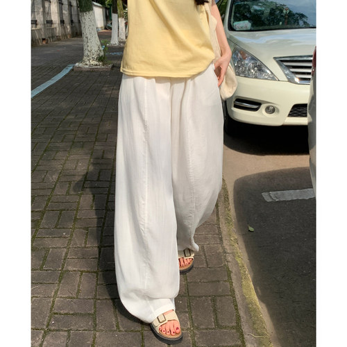 夏季高腰显瘦棉麻弯刀阔腿裤女