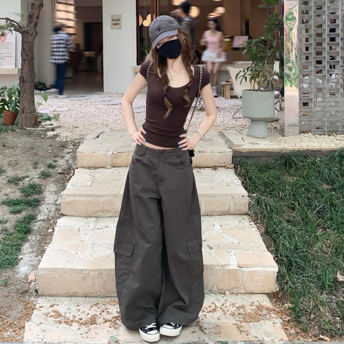 军绿高腰显瘦弯刀阔腿工装裤女