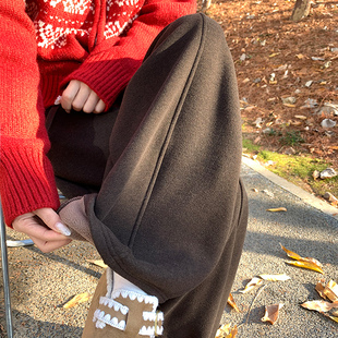 中线糯米弯刀裤咖色女秋冬高腰小个子宽松显瘦加绒加厚香蕉阔腿裤