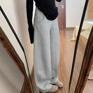 高腰加绒垂感休闲直筒阔腿卫裤 2025新款 女秋冬季 浅灰色香蕉运动裤