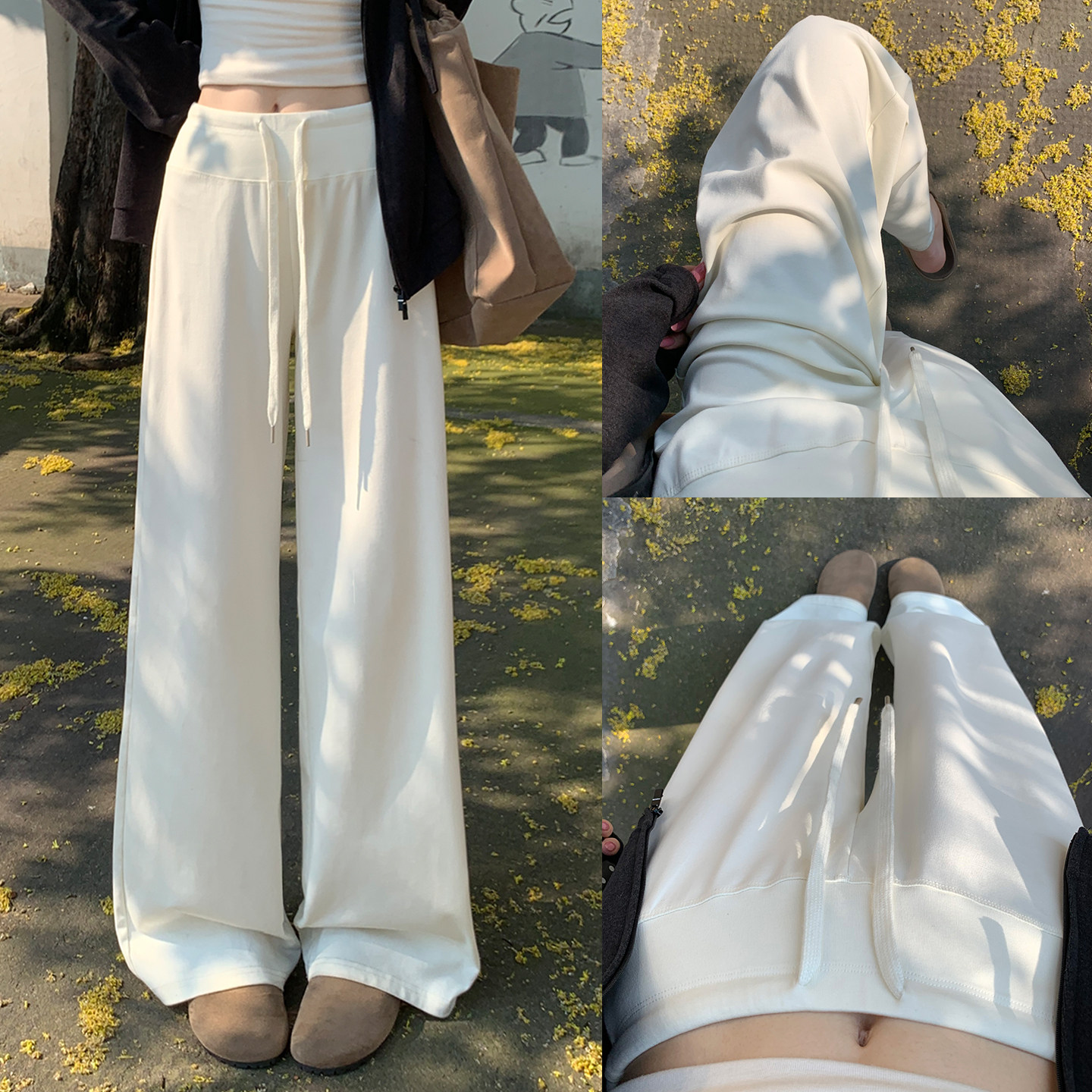 白色lulu阔腿裤女春秋新款高腰显瘦秋冬宽松直筒加绒休闲运动卫裤