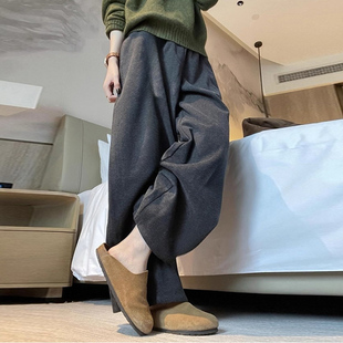 高腰垂感加绒直筒休闲阔腿裤 灰色毛呢糯米西装 新款 女2025秋冬季 裤