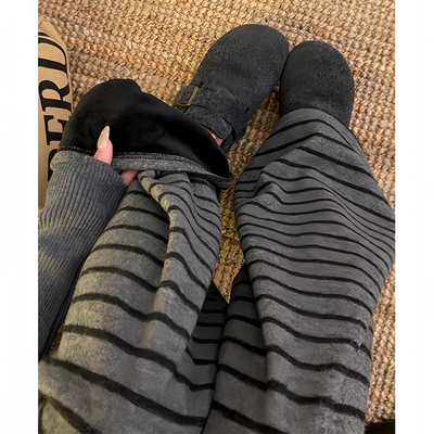 灰黑条纹高腰加绒垂感阔腿裤