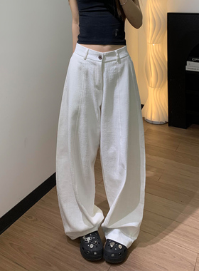 白色棉麻阔腿裤女夏季薄款高腰宽松休闲裤小个子显瘦慵懒风弯刀裤
