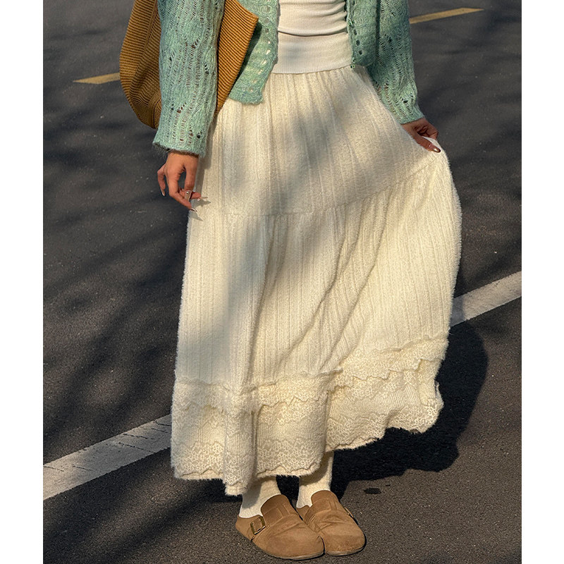 白色蕾丝蓬蓬半身裙女春秋高腰小个子显瘦a字伞裙中长款蛋糕裙