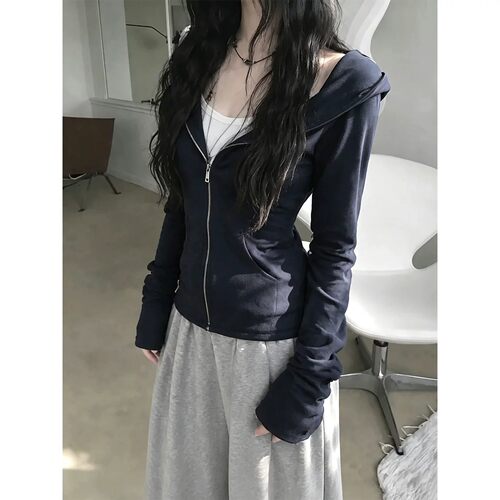 藏青连帽拉链显瘦卫衣女