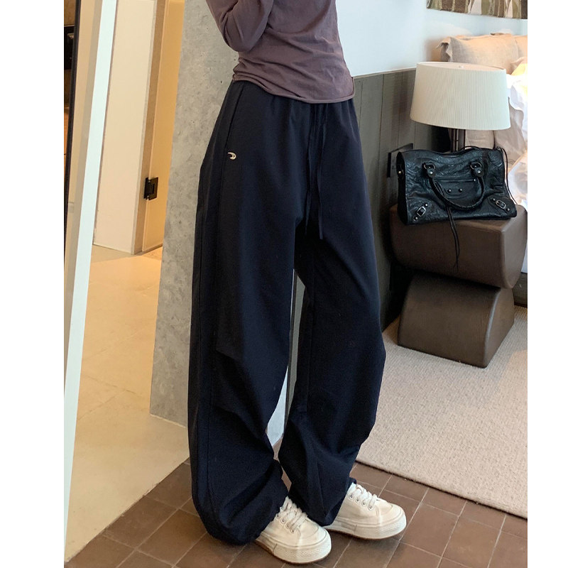 藏青色工装裤女春秋2026年新款高腰宽松直筒休闲速干小个子阔腿裤