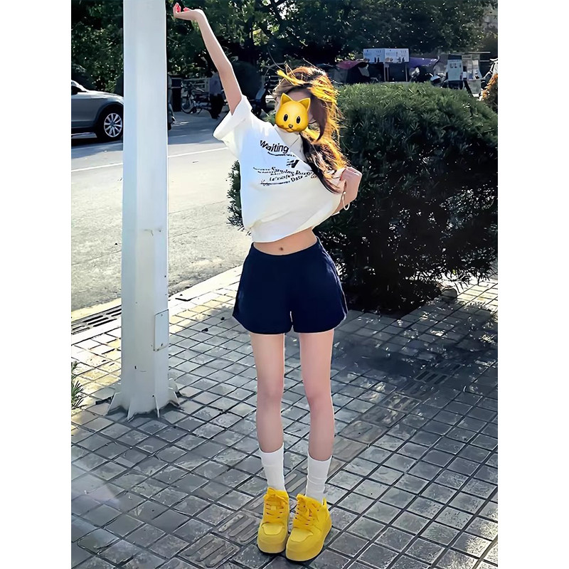 藏青色运动裤纯棉美式休闲短裤女夏季外穿显瘦高腰阔腿三分热裤子