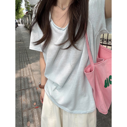 蓝色V领短袖薄款T恤女夏百搭