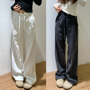 浅灰色lulu同款运动裤女春秋加绒小个子休闲宽松直筒窄版阔腿卫裤