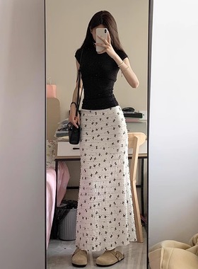 白色蝴蝶结印花蕾丝鱼尾半身裙女夏小个子高腰显瘦度假风包臀长裙