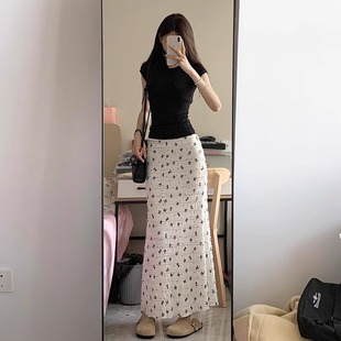 白色蝴蝶结印花蕾丝鱼尾半身裙女夏小个子高腰显瘦度假风包臀长裙