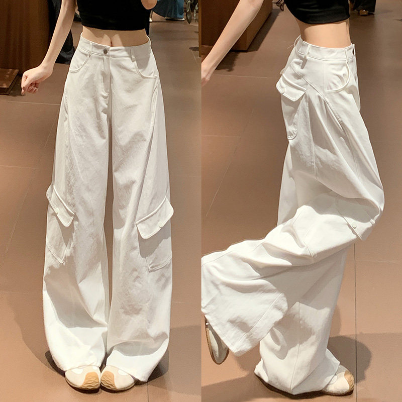 白色美式弯刀工装裤女夏季薄款高腰宽松显瘦小个子复古运动阔腿裤