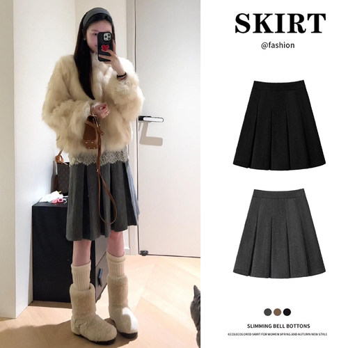 深灰学院风高腰显瘦百褶半身裙