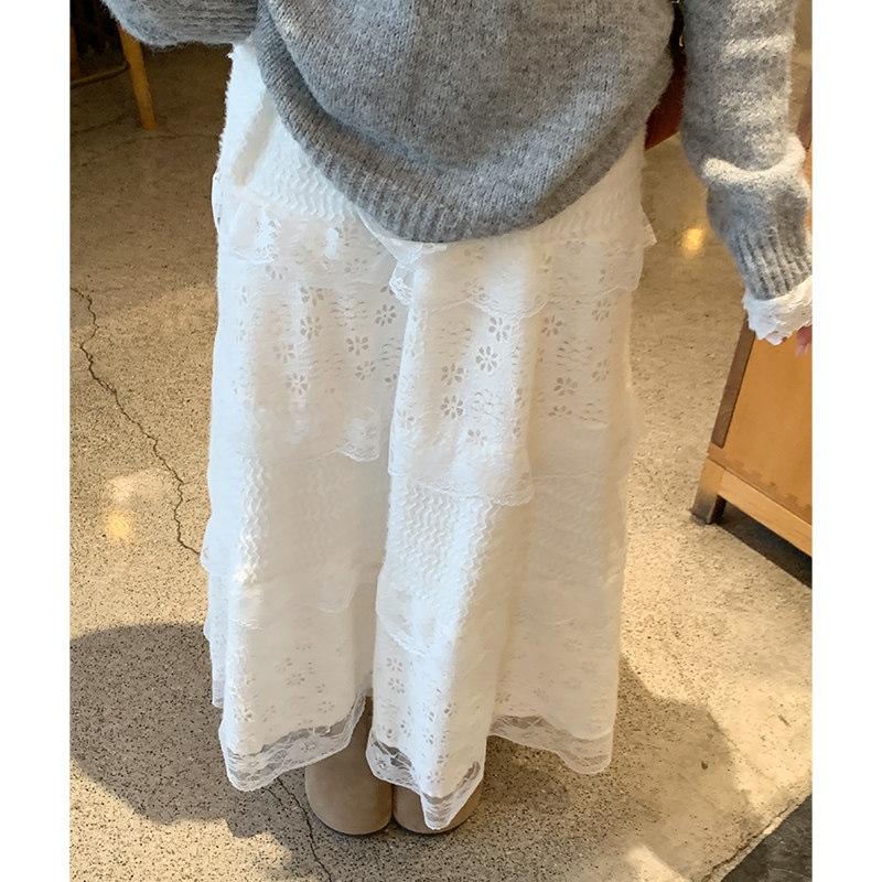 白色蕾丝蛋糕裙女2026春秋新款高腰显瘦中长款缕空a字蓬蓬半身裙