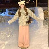 小个子高腰休闲直筒糯米裤 粉色山羊绒阔腿裤 女秋冬加绒2025年新款