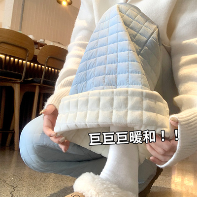 蓝色华夫格子保暖棉裤女秋冬季