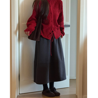 深灰加绒显瘦松紧腰毛呢伞裙