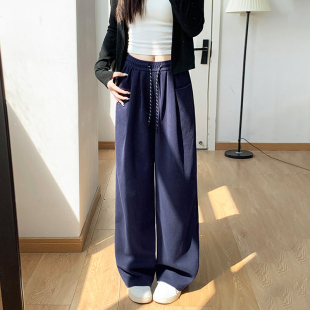 高腰显瘦宽松休闲直筒百搭阔腿裤 2025新款 女春秋季 藏青色运动卫裤