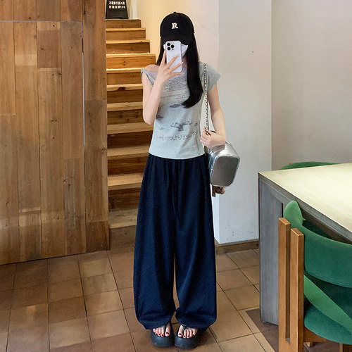 藏青色抽绳阔腿裤女夏季2026新款高腰宽松直筒速干防晒弯刀裤
