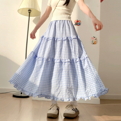 蓝色格子半身裙女夏季2025新款高腰显瘦a字伞裙拼接中长款蛋糕裙