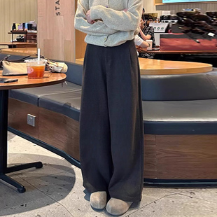 小个子高腰加绒休闲阔腿裤 深灰色毛呢糯米西装 2025新款 女秋冬季 裤