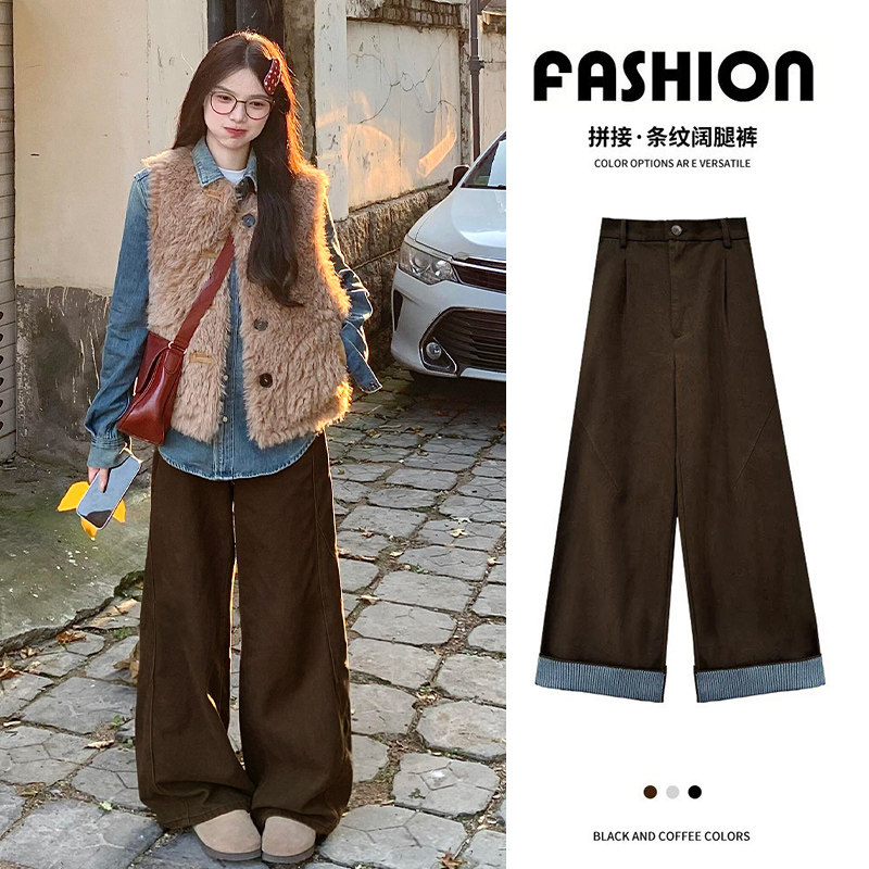 咖色翻边格纹阔腿裤女秋冬2025新款高腰宽松垂感小个子休闲直筒裤,女装/女士精品,休闲裤,淘宝优惠券,粉丝福利购,淘宝优惠卷