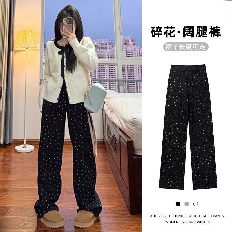 黑色碎花女2025春秋新款直筒垂感休闲显瘦设计感波点阔腿裤