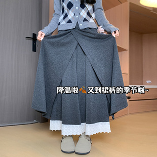 小个子高腰休闲阔腿裤 2025新款 女秋冬季 深灰色蕾丝花边假两件裙裤