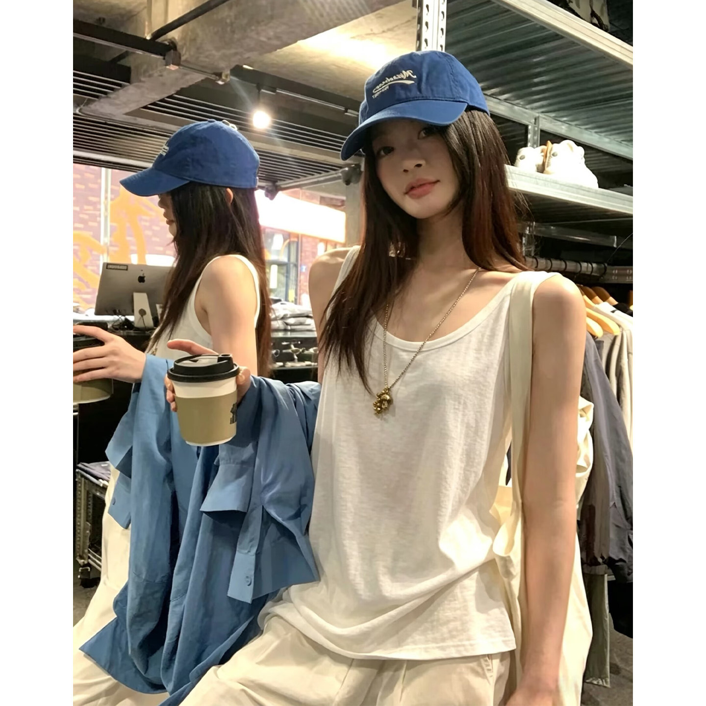 白色棉麻夏季显瘦吊带背心图片