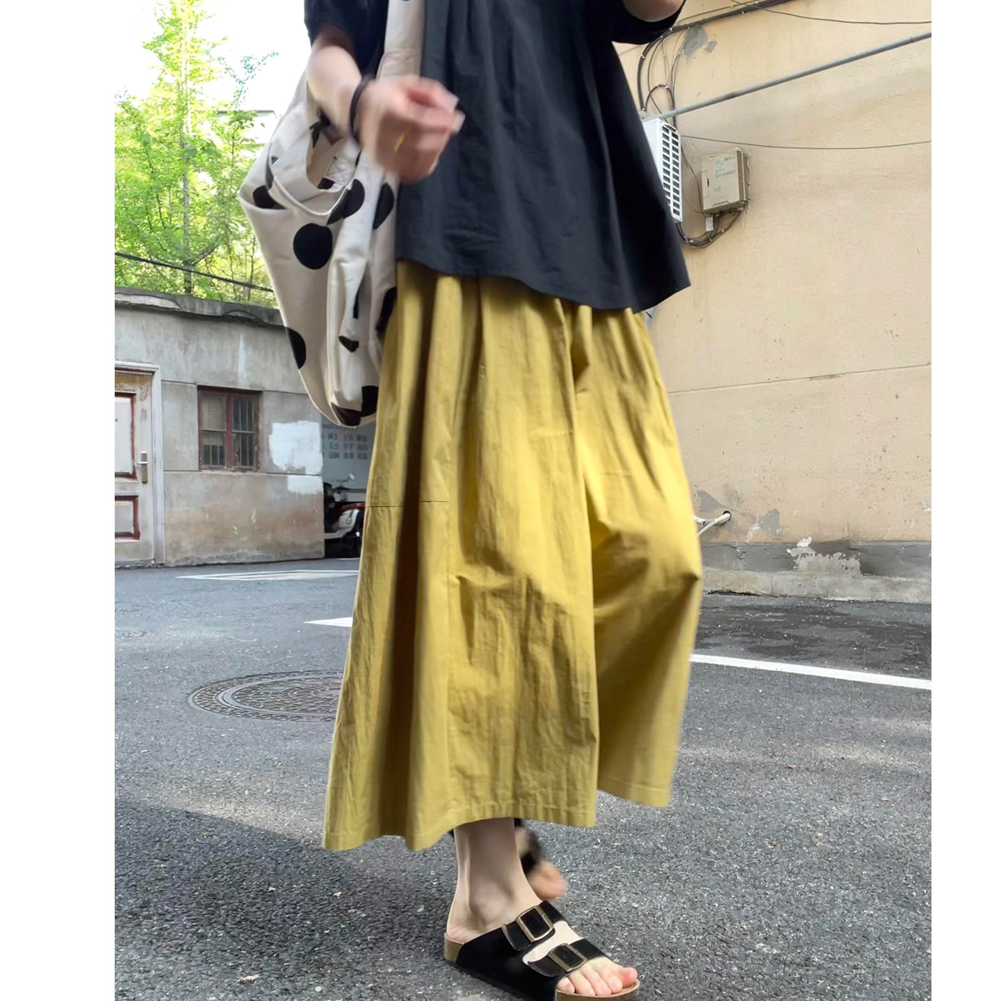 黄色高腰阔腿裤女夏薄款小个子显瘦休闲裤宽松慵懒设计感八分裙裤