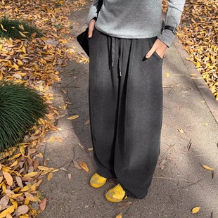 加绒弯刀裤子女春秋冬宽松直筒裤垂感显瘦中线休闲灰色香蕉运动裤