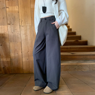 高腰显瘦慵懒风宽松休闲弯刀长裤 女春秋2026新款 阔腿裤 深灰色西装