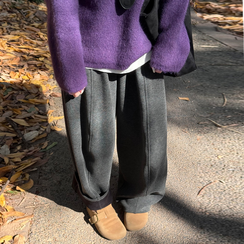 灰色加绒糯米阔腿裤女秋冬季