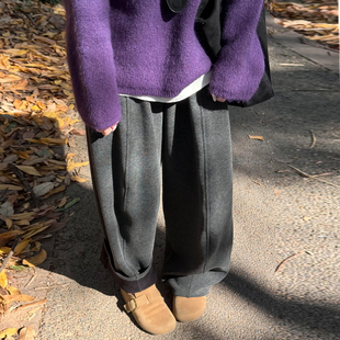 高腰宽松显瘦加厚香蕉弯刀裤 2025新款 女秋冬季 灰色加绒糯米阔腿裤