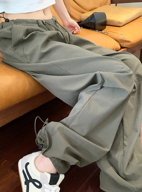 军绿色降落伞登山工装裤女夏2026新款高腰休闲美式户外运动阔腿裤