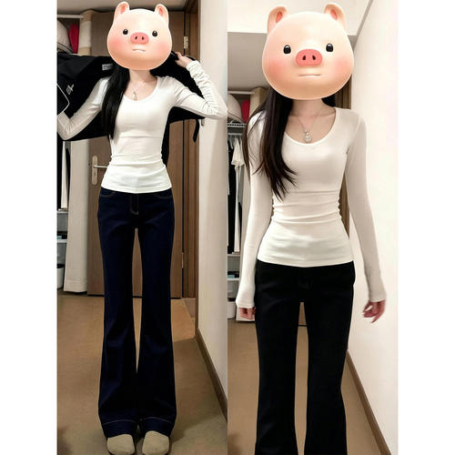 白色U领长袖显瘦打底T恤女